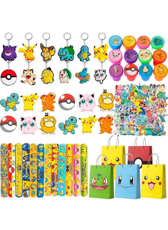 ILovhaprty Pikachu Party Favors for 12 Guests, 110pcs All-in-One Pikachu Birthday Party Gift Set – Pokémon Party Favor Bags, Stickers, Keychains, Seal, Badge, Slap Bands - Image 1