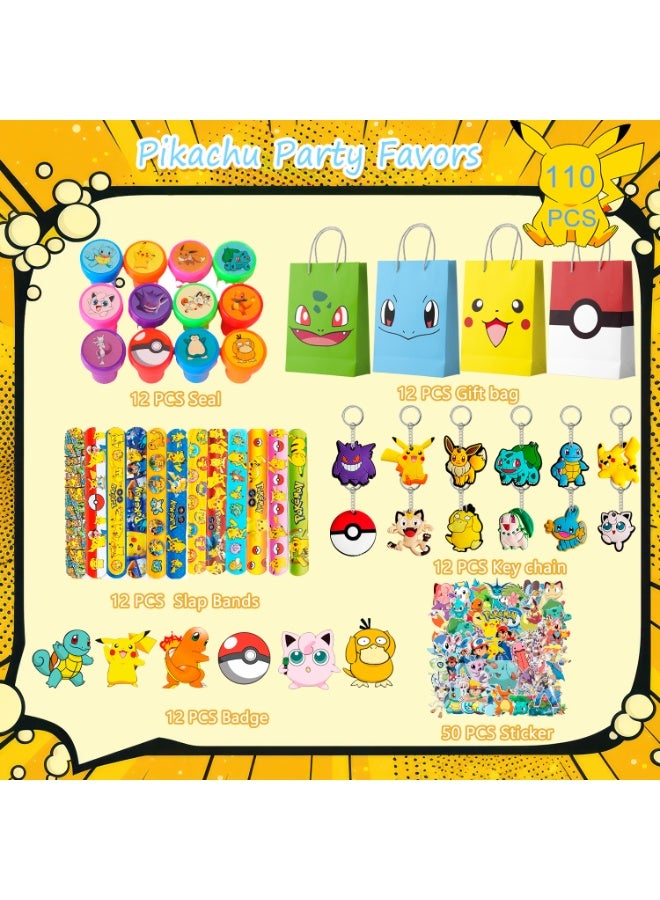 ILovhaprty Pikachu Party Favors for 12 Guests, 110pcs All-in-One Pikachu Birthday Party Gift Set – Pokémon Party Favor Bags, Stickers, Keychains, Seal, Badge, Slap Bands - Image 2