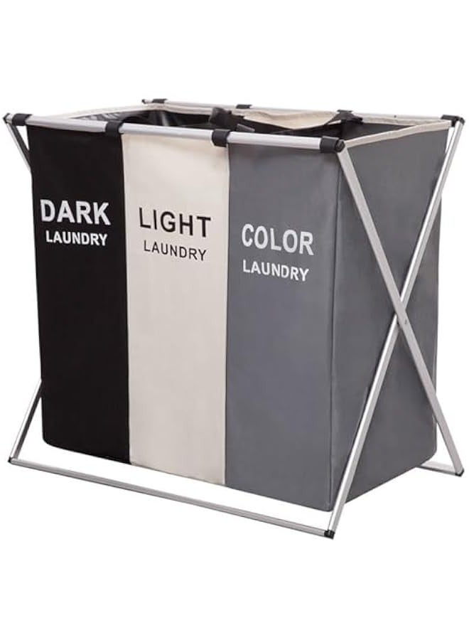Beauenty Laundry Basket 3 Sections, Foldable Laundry Hamper Sorter for Bedroom Bathroom Dorm, Waterproof Divided Dirty Clothes Basket with Aluminum Frame - Image 1