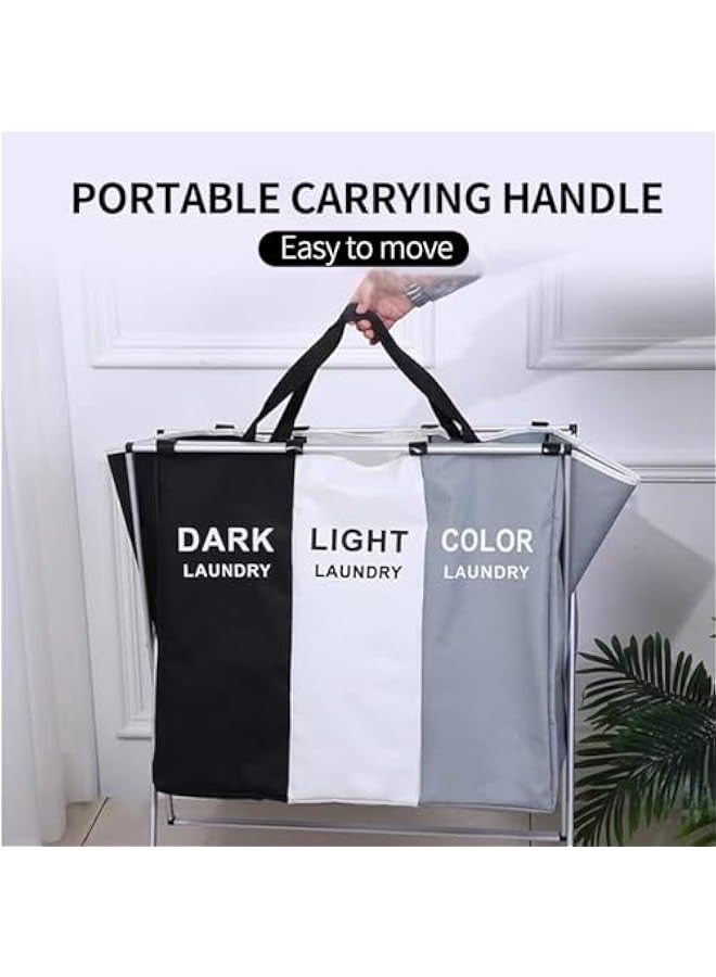 Beauenty Laundry Basket 3 Sections, Foldable Laundry Hamper Sorter for Bedroom Bathroom Dorm, Waterproof Divided Dirty Clothes Basket with Aluminum Frame - Image 2