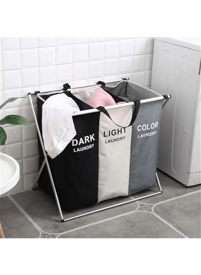 Beauenty Laundry Basket 3 Sections, Foldable Laundry Hamper Sorter for Bedroom Bathroom Dorm, Waterproof Divided Dirty Clothes Basket with Aluminum Frame - Image 3