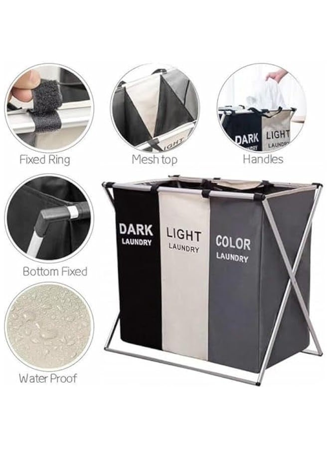 Beauenty Laundry Basket 3 Sections, Foldable Laundry Hamper Sorter for Bedroom Bathroom Dorm, Waterproof Divided Dirty Clothes Basket with Aluminum Frame - Image 4