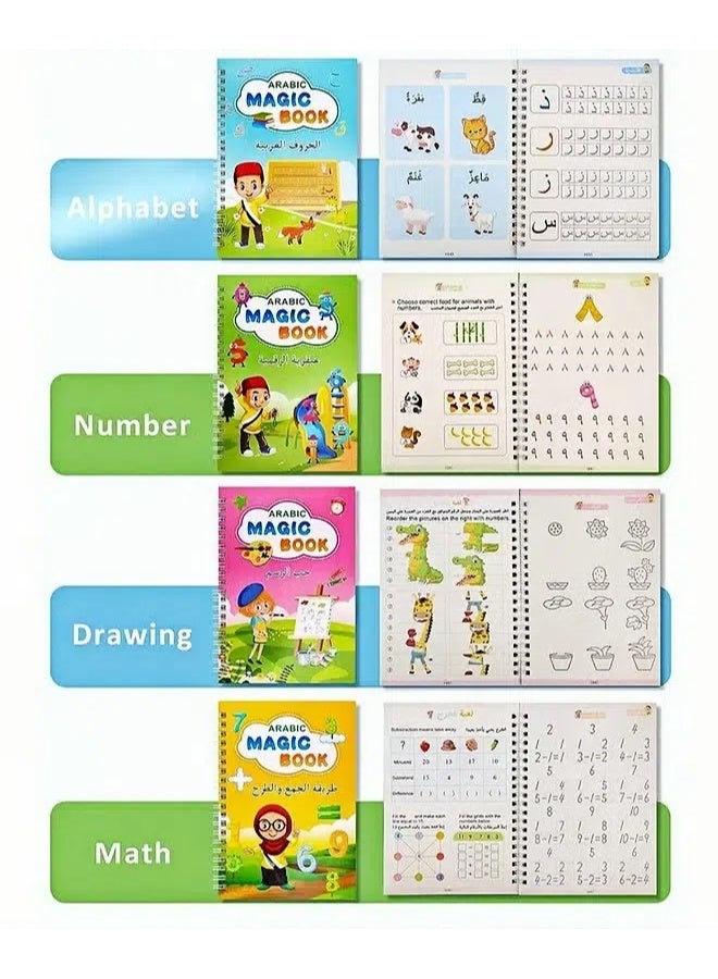 مجموعة دفاتر نسخ سحرية للأطفال من 4 قطع بخط عربي قابل لإعادة الاستخدام - تحتوي على الحروف العربية، الإنجليزية، الأرقام والرسومات، كتب تعليمية للخط اليدوي مع أقلام حبر غير مرئية للأولاد والبنات، مستلزمات مدرسية وتعلم للمبتدئين - Image 5