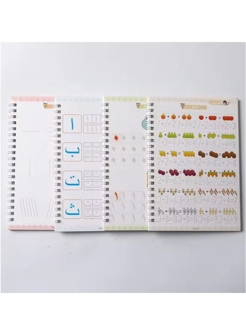 مجموعة دفاتر نسخ سحرية للأطفال من 4 قطع بخط عربي قابل لإعادة الاستخدام - تحتوي على الحروف العربية، الإنجليزية، الأرقام والرسومات، كتب تعليمية للخط اليدوي مع أقلام حبر غير مرئية للأولاد والبنات، مستلزمات مدرسية وتعلم للمبتدئين - Image 4