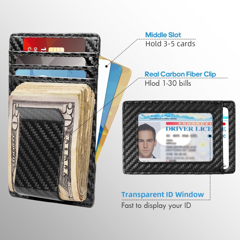 Travelambo Money Clip for Men Carbon Fiber Clip Wallet Leather Slim Minimalist Card Holder RFID Blocking (Weaved Black) - Image 2