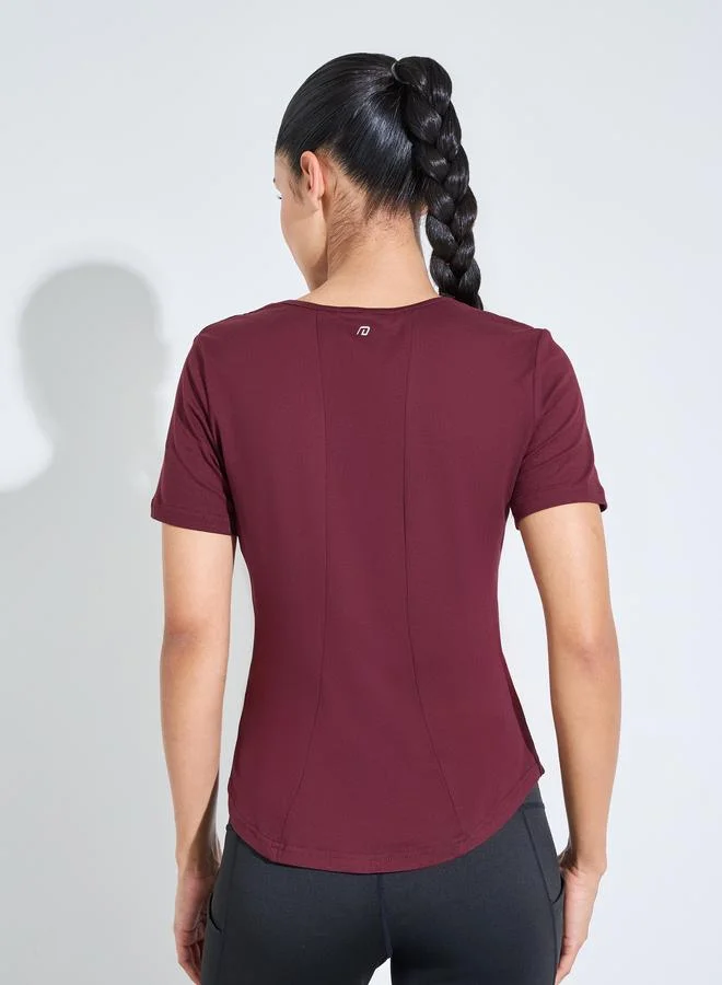Styli Active  Burgundy Solid Ruched Activewear T-Shirt for Women | Best Price UAE
