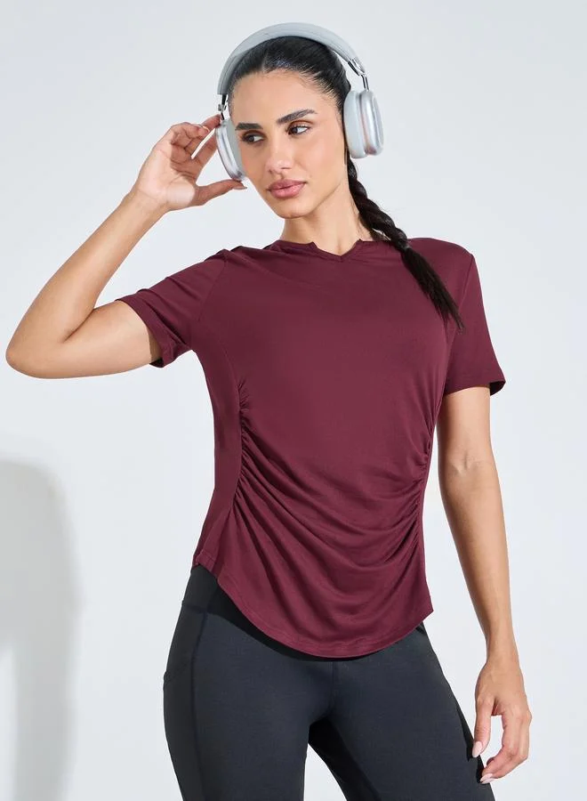 Burgundy Solid Ruched Activewear T-Shirt