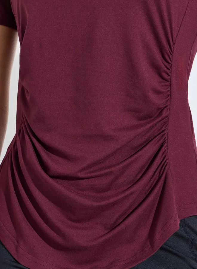 Styli Active  Burgundy Solid Ruched Activewear T-Shirt for Women | Best Price UAE