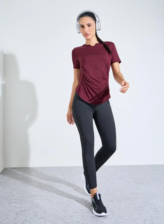 Styli Active Burgundy Solid Ruched Activewear T-Shirt