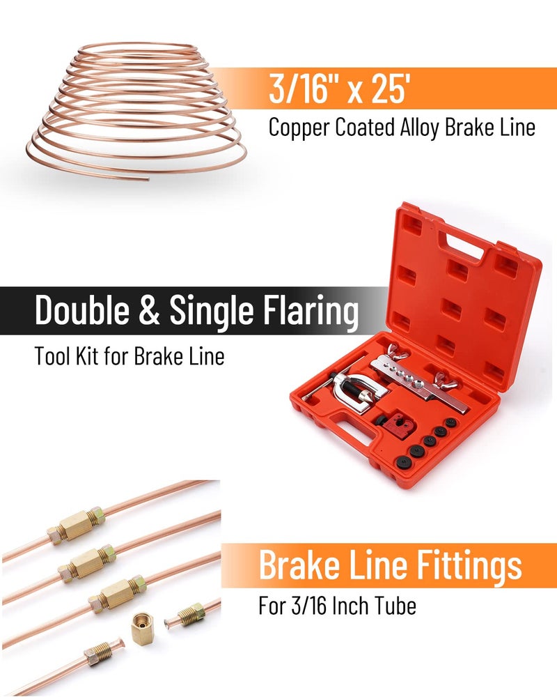 Racewill 25 ft 3/16" Copper Coated Brake Line Kit +Tube Bender (Includes 16 Fittings and 4 Unions Brake Line Fittings) + Brake Line Double & Single Flaring Tool Kit - Image 2