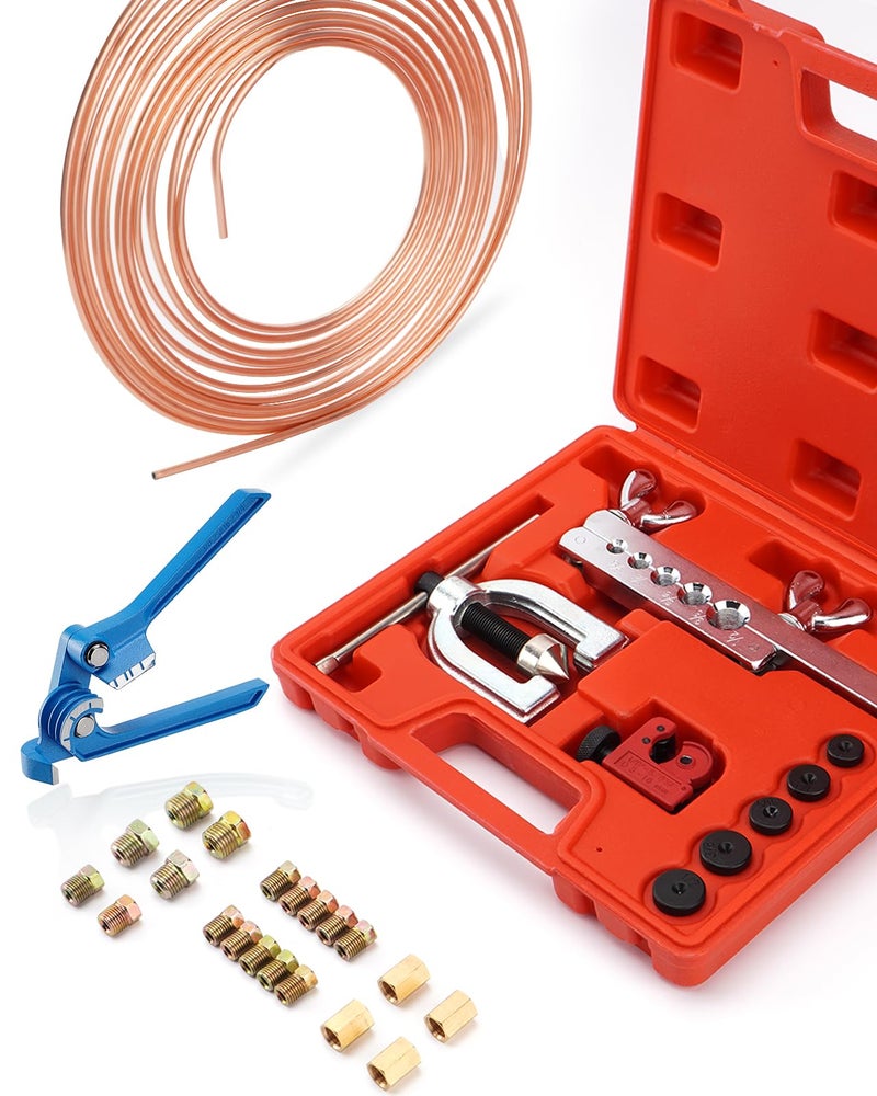Racewill 25 ft 3/16" Copper Coated Brake Line Kit +Tube Bender (Includes 16 Fittings and 4 Unions Brake Line Fittings) + Brake Line Double & Single Flaring Tool Kit - Image 1