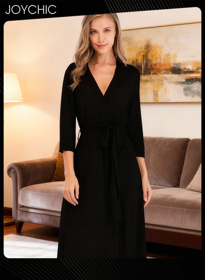 جوي شيك روب نوم كلاسيكي للنساء لفصل الربيع والصيف والخريف بأكمام ثلاثة أرباع فضفاضة وفتحة عنق على شكل V من مودال قابل للتنفس مع حزام قابل للتعديل باللون الأسود - Image 3