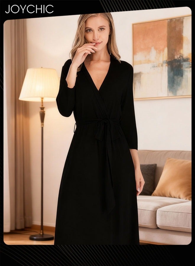 جوي شيك روب نوم كلاسيكي للنساء لفصل الربيع والصيف والخريف بأكمام ثلاثة أرباع فضفاضة وفتحة عنق على شكل V من مودال قابل للتنفس مع حزام قابل للتعديل باللون الأسود - Image 2