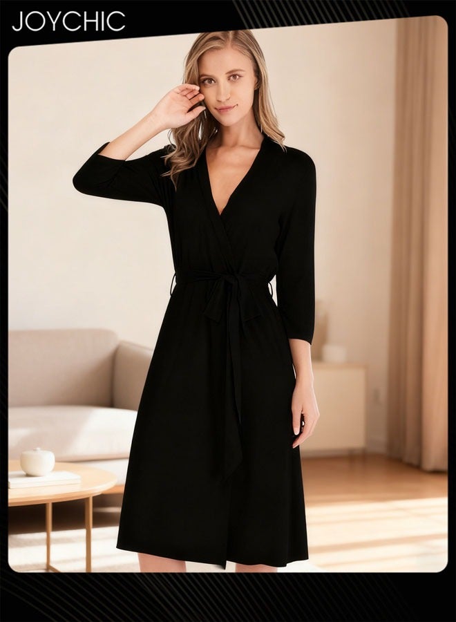 جوي شيك روب نوم كلاسيكي للنساء لفصل الربيع والصيف والخريف بأكمام ثلاثة أرباع فضفاضة وفتحة عنق على شكل V من مودال قابل للتنفس مع حزام قابل للتعديل باللون الأسود - Image 1