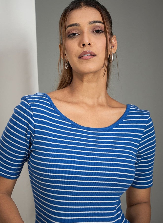 WineRed Blue and White Striped Tie-Up Scoop Neck Top - Image 2