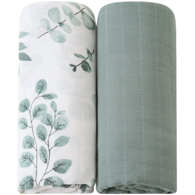 LifeTree Muslin Swaddle Blankets, 2 Pack Baby Swaddling Receiving Blanket for Boys & Girls, 70% Viscose from Bamboo & 30% Cotton, Large 47" X 47" Eucalyptus Leaves/Sage - Image 1