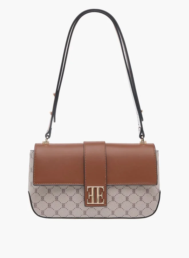 ELLE Monogram Print Shoulder Bag with Handle and Flap Closure