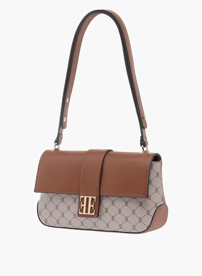 ELLE Monogram Print Shoulder Bag with Handle and Flap Closure