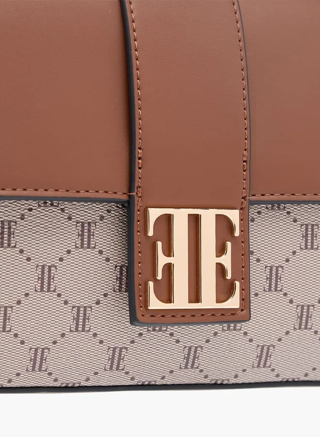 ELLE Monogram Print Shoulder Bag with Handle and Flap Closure