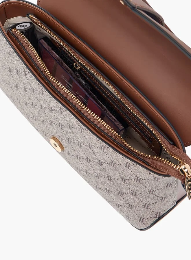 ELLE Monogram Print Shoulder Bag with Handle and Flap Closure