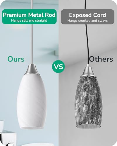 EDISHINE Pendant Light Fixture Handcrafted Art Glass Hanging Light Hardwired Ceiling Light White Marble Glass Shade Adjustable Brushed Nickel Rods E26 Base Pendant Lamp for Kitchen Bathroom Bar - Image 3