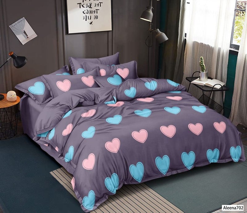 Sky Tex Purple Color 300 TC Glace Cotton 3D Hearts Printed Double Bed Comforter Set with Fitted Bed Sheet (1 Comforter, 1 Fitted Bed Sheet & 2 Pillow Covers)