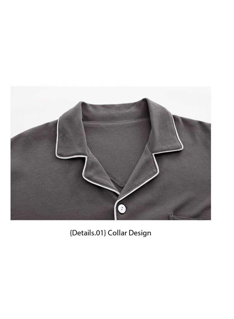 Feraco 100% Cotton Men's Pajamas, Spring/Autumn Home Wear, Long-Sleeved Cardigan Set, Loose Fit, Plus Size, High-End Home Wear (Gray/Brown) - Image 2