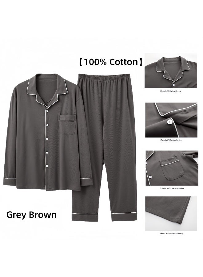 Feraco 100% Cotton Men's Pajamas, Spring/Autumn Home Wear, Long-Sleeved Cardigan Set, Loose Fit, Plus Size, High-End Home Wear (Gray/Brown) - Image 1