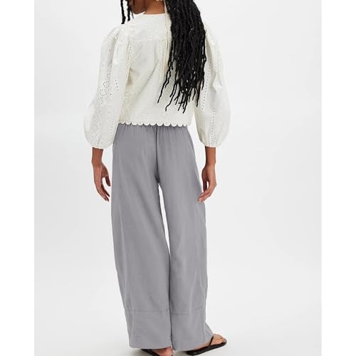 SeeLuNa Linen Pants for Women Cotton Baggy Boho Casual Palazzo Pants Wide Leg Long Lounge Trousers with Pockets(Gray,M) - Image 4