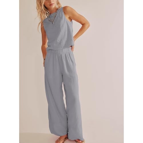 SeeLuNa Linen Pants for Women Cotton Baggy Boho Casual Palazzo Pants Wide Leg Long Lounge Trousers with Pockets(Gray,M) - Image 3
