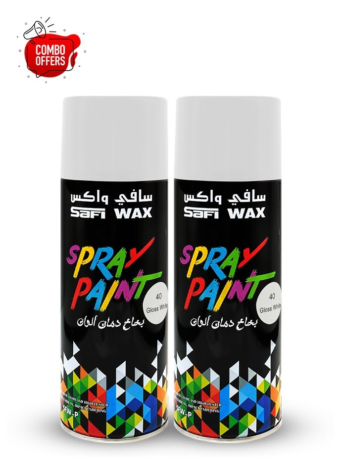 سافي واكس مجموعة - اشترِ قطعتين من طلاء الرش الأبيض اللامع من SAFI WAX سعة 450 مل، سريع الجفاف، بلمسة نهائية لامعة للغاية، مناسب للمعادن والخشب والبلاستيك والزجاج والجدران والمشاريع المنزلية والسيارات والأثاث والحرف اليدوية والديكورات الداخلية والخارجية للمنزل، وطلاء الحماية من الصدأ، SFW-P-40  - Image 1