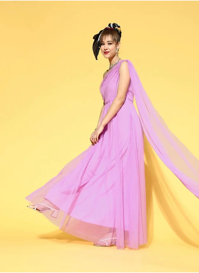 يو اّند اف Mesh Insert One Shoulder Neck A-Line Maxi Dress by Styli