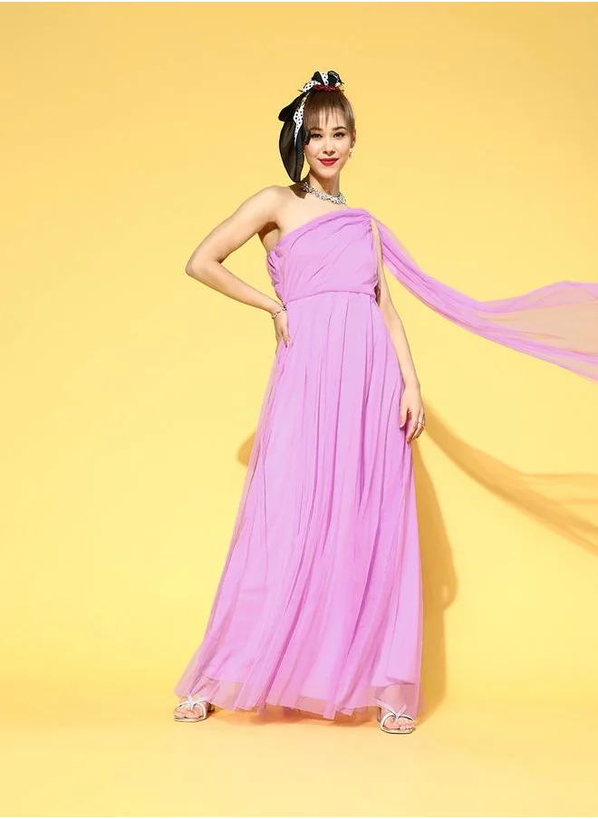 يو اّند اف Mesh Insert One Shoulder Neck A-Line Maxi Dress by Styli