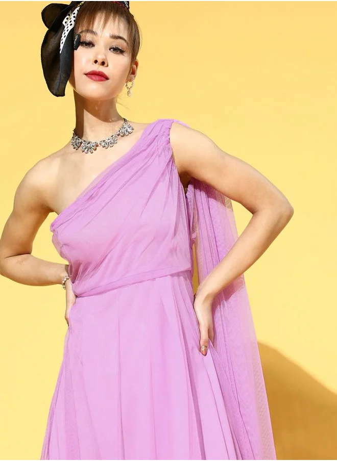 يو اّند اف Mesh Insert One Shoulder Neck A-Line Maxi Dress by Styli