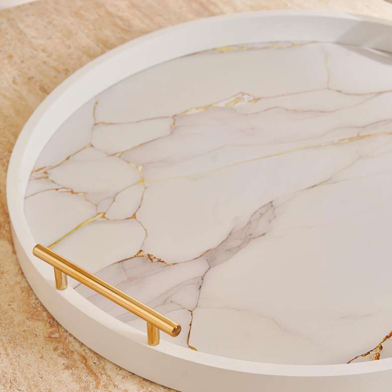 Pan Home Berg Marble Design Decor Wooden Tray 35cm Round - White - 112HHT9900592 - Image 2