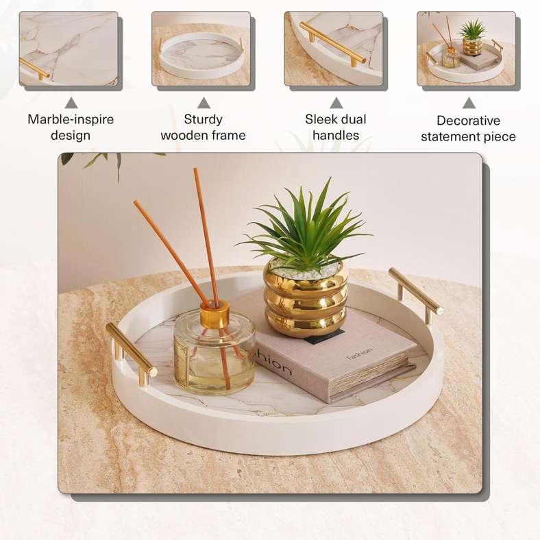 Pan Home Berg Marble Design Decor Wooden Tray 35cm Round - White - 112HHT9900592 - Image 5
