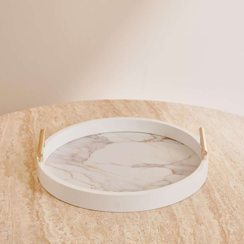 Pan Home Berg Marble Design Decor Wooden Tray 35cm Round - White - 112HHT9900592 - Image 4
