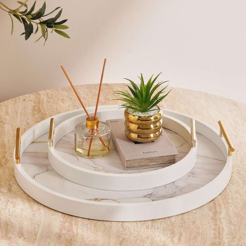 Pan Home Berg Marble Design Decor Wooden Tray 35cm Round - White - 112HHT9900592 - Image 3