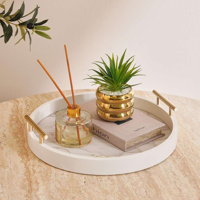 Pan Home Berg Marble Design Decor Wooden Tray 35cm Round - White - 112HHT9900592 - Image 1