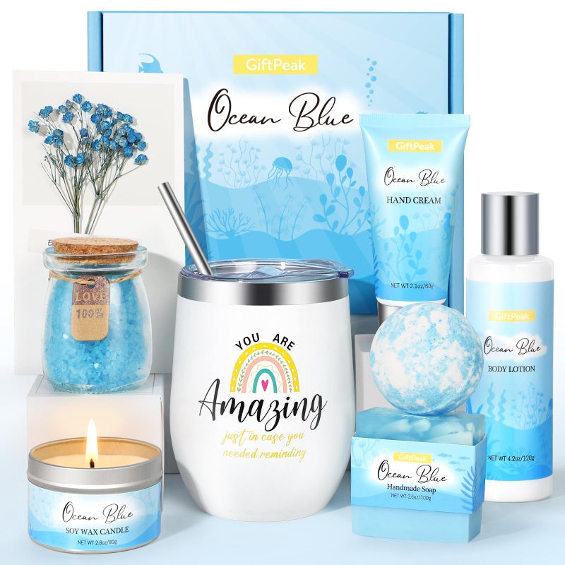 Birthday Gifts for Women Ocean Scented Relaxing Spa Gift Baskets for Women Mom Her Wife Sister Friends Coworker Employee Self Care Bath and Body Gift Set for Mothers Day Birthday Inspirational Gift
