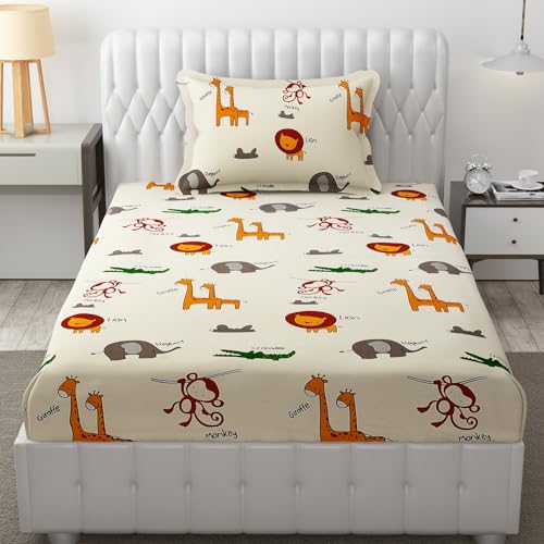 FRESH FROM LOOM Glace Cotton Wrinkle Free Soft Hypoallergenic Bed Sheet | Cartoon Printed | Single Bedsheet Bedsheet for Kids Room Boys Girls with 1 Pillow Cover (60x90 Inches/Cream/Animal), 144 TC - Image 1