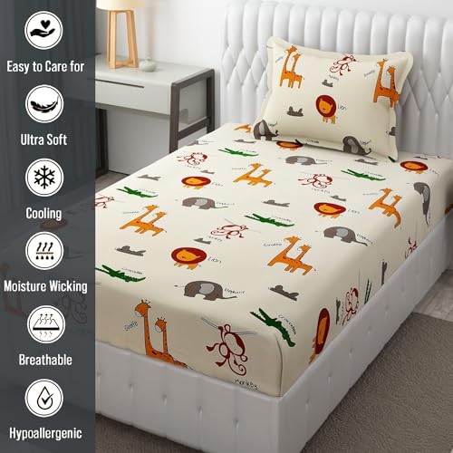 FRESH FROM LOOM Glace Cotton Wrinkle Free Soft Hypoallergenic Bed Sheet | Cartoon Printed | Single Bedsheet Bedsheet for Kids Room Boys Girls with 1 Pillow Cover (60x90 Inches/Cream/Animal), 144 TC - Image 4