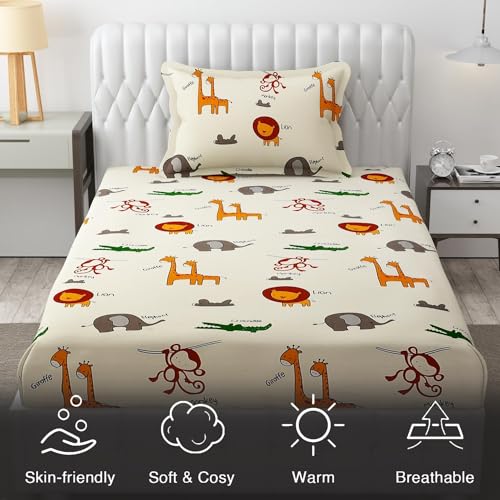 FRESH FROM LOOM Glace Cotton Wrinkle Free Soft Hypoallergenic Bed Sheet | Cartoon Printed | Single Bedsheet Bedsheet for Kids Room Boys Girls with 1 Pillow Cover (60x90 Inches/Cream/Animal), 144 TC - Image 5