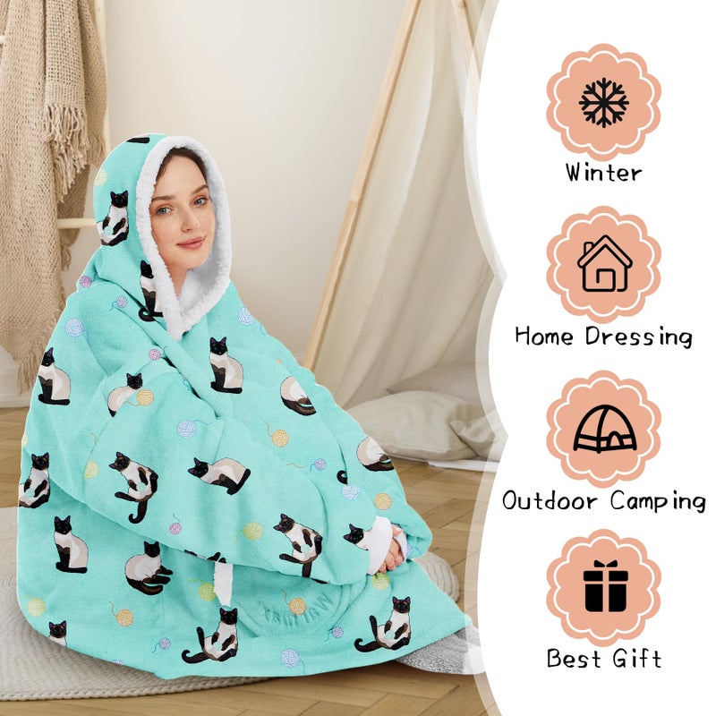 Zando Zando Cat Blanket Hoodie Blue Blanket Women Men Cozy Warm Wearable Blanket Hoodies OversizedHooded Blanket Sherpa Blanket Hoodie with Pocket Thick Fleece Sweater Blanket Gift for Adult - Image 4