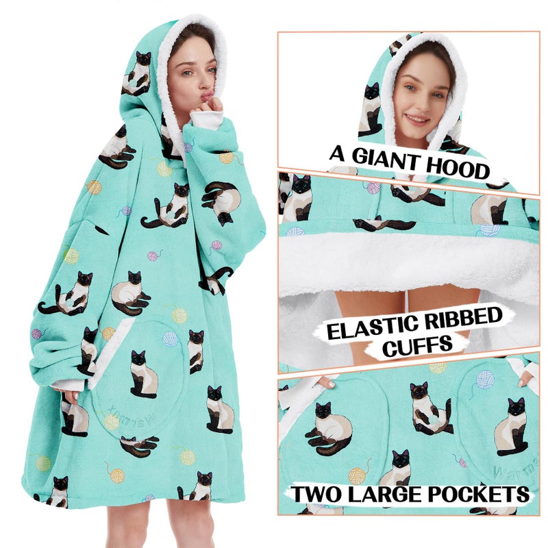 Zando Zando Cat Blanket Hoodie Blue Blanket Women Men Cozy Warm Wearable Blanket Hoodies OversizedHooded Blanket Sherpa Blanket Hoodie with Pocket Thick Fleece Sweater Blanket Gift for Adult - Image 3