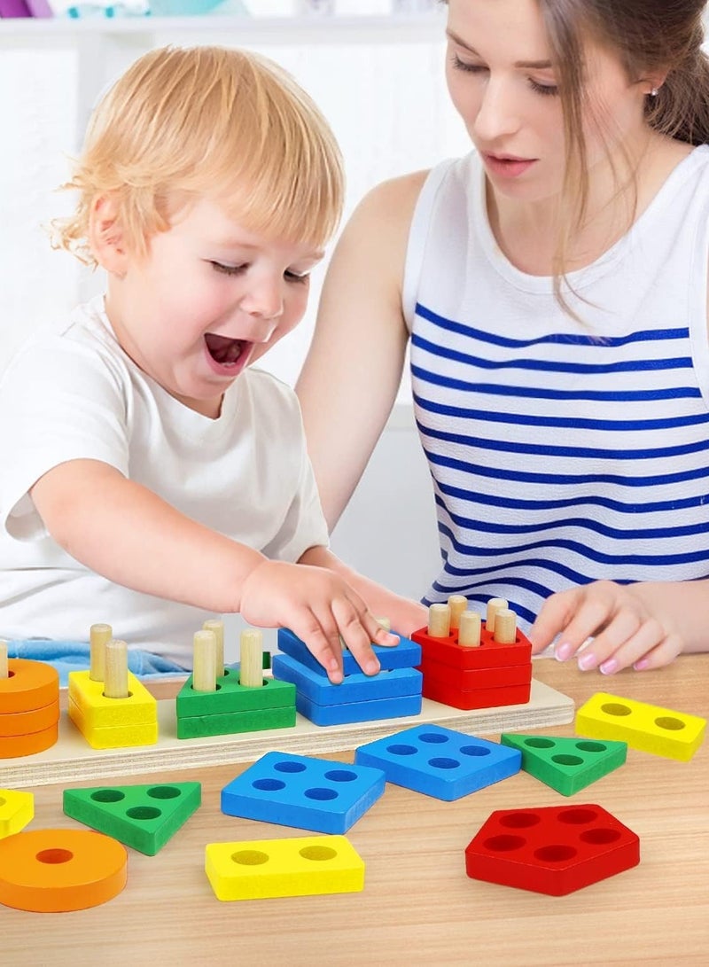 Montessori Toys for 1 to 3-Year-Old Boys Girls Toddlers, Wooden Sorting  Stacking Toys for Toddlers and Kids Preschool, Educational Toys, Color Recognition Stacker Shape Sorter, Learning Puzzles Gift  - Image 3