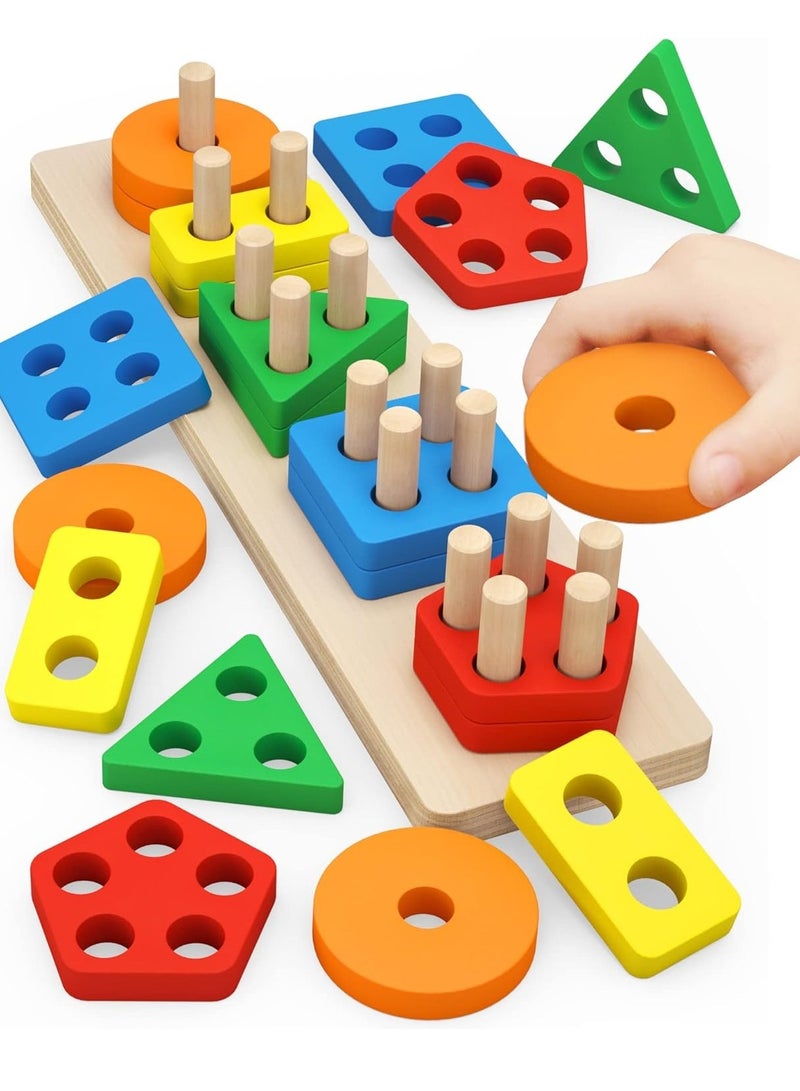 Montessori Toys for 1 to 3-Year-Old Boys Girls Toddlers, Wooden Sorting  Stacking Toys for Toddlers and Kids Preschool, Educational Toys, Color Recognition Stacker Shape Sorter, Learning Puzzles Gift  - Image 1