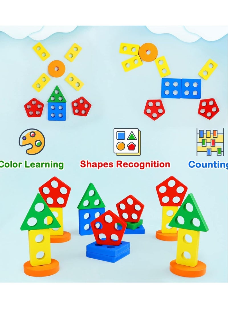 Montessori Toys for 1 to 3-Year-Old Boys Girls Toddlers, Wooden Sorting  Stacking Toys for Toddlers and Kids Preschool, Educational Toys, Color Recognition Stacker Shape Sorter, Learning Puzzles Gift  - Image 2
