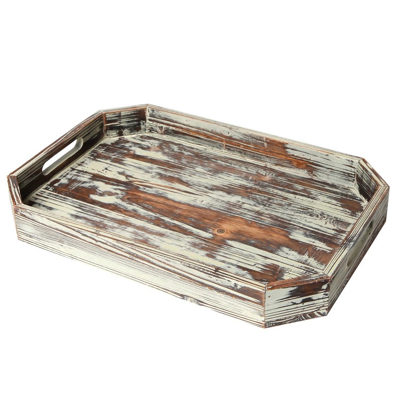 MyGift 165 Inch Torched Wood Decorative Tray Octagon Shaped Wooden Board Drink Serving Platter with Cutout Handles Table Centerpiece Base and Ottoman Home Decor - Image 2