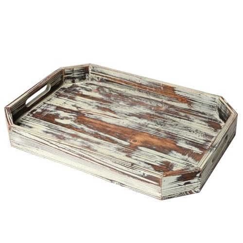 MyGift 165 Inch Torched Wood Decorative Tray Octagon Shaped Wooden Board Drink Serving Platter with Cutout Handles Table Centerpiece Base and Ottoman Home Decor - Image 1